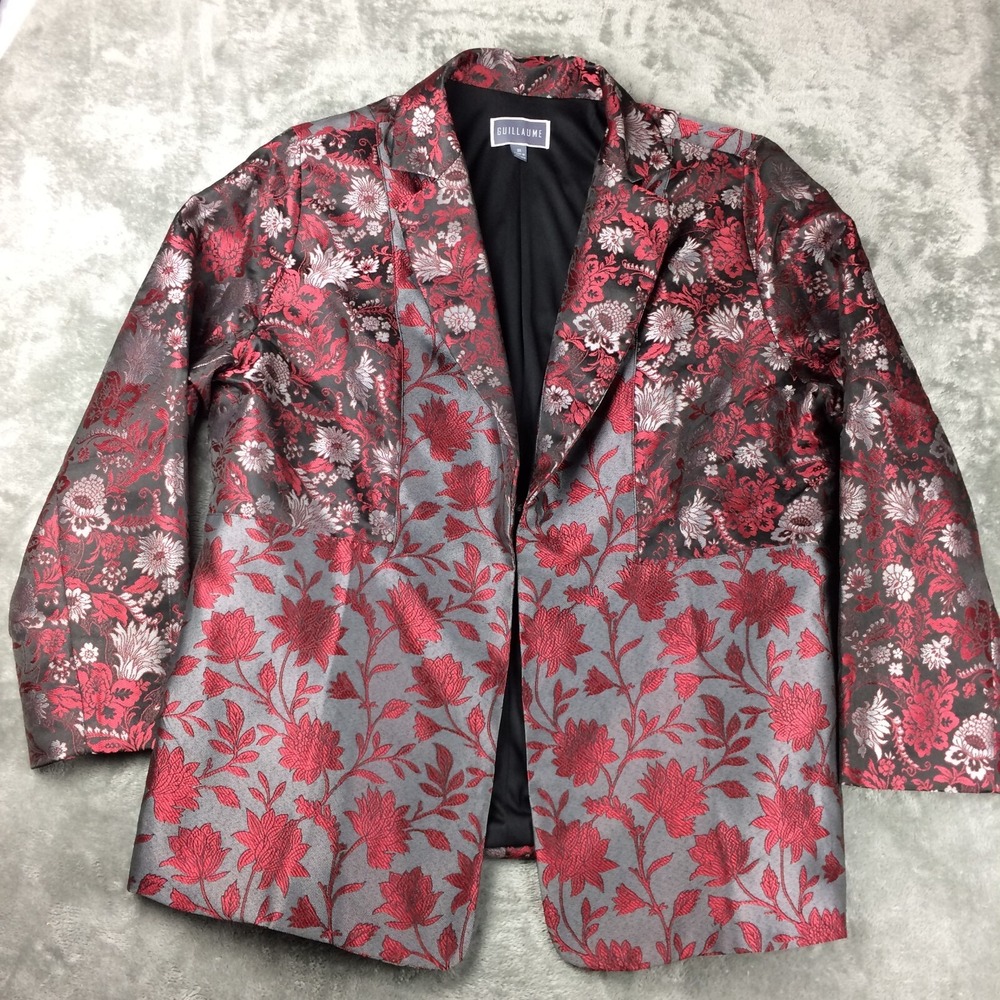 Guillaume Blazer‎ Womens 2X Floral Tapestry Red Silver Metallic Holiday Jacket